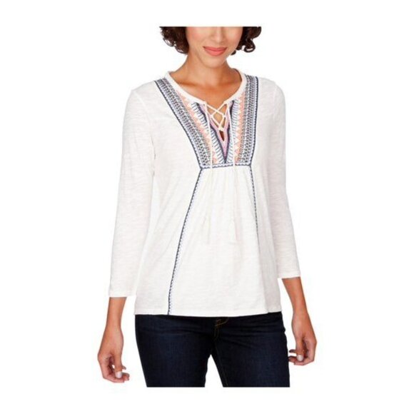 Lucky Brand Embroidered Lace Up Knit Blouse Sz Large Ivory Blue Tassel Tie Bohem - Picture 10 of 10